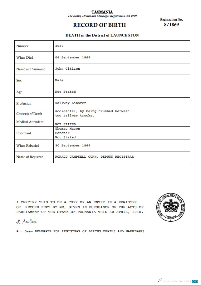 Download Australia Tasmania death certificate template in Word Photoshop template